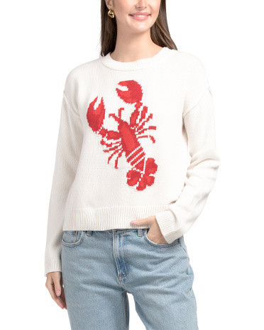 Long Sleeve Lobster Intarsia Crew Neck Sweater, Cotton/Acrylic | TJ Maxx