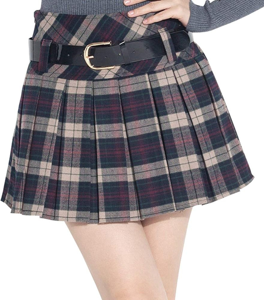 chouyatou Women's A-Line Plaid Wool Blend Pleated Skirt Side Zipper | Amazon (US)