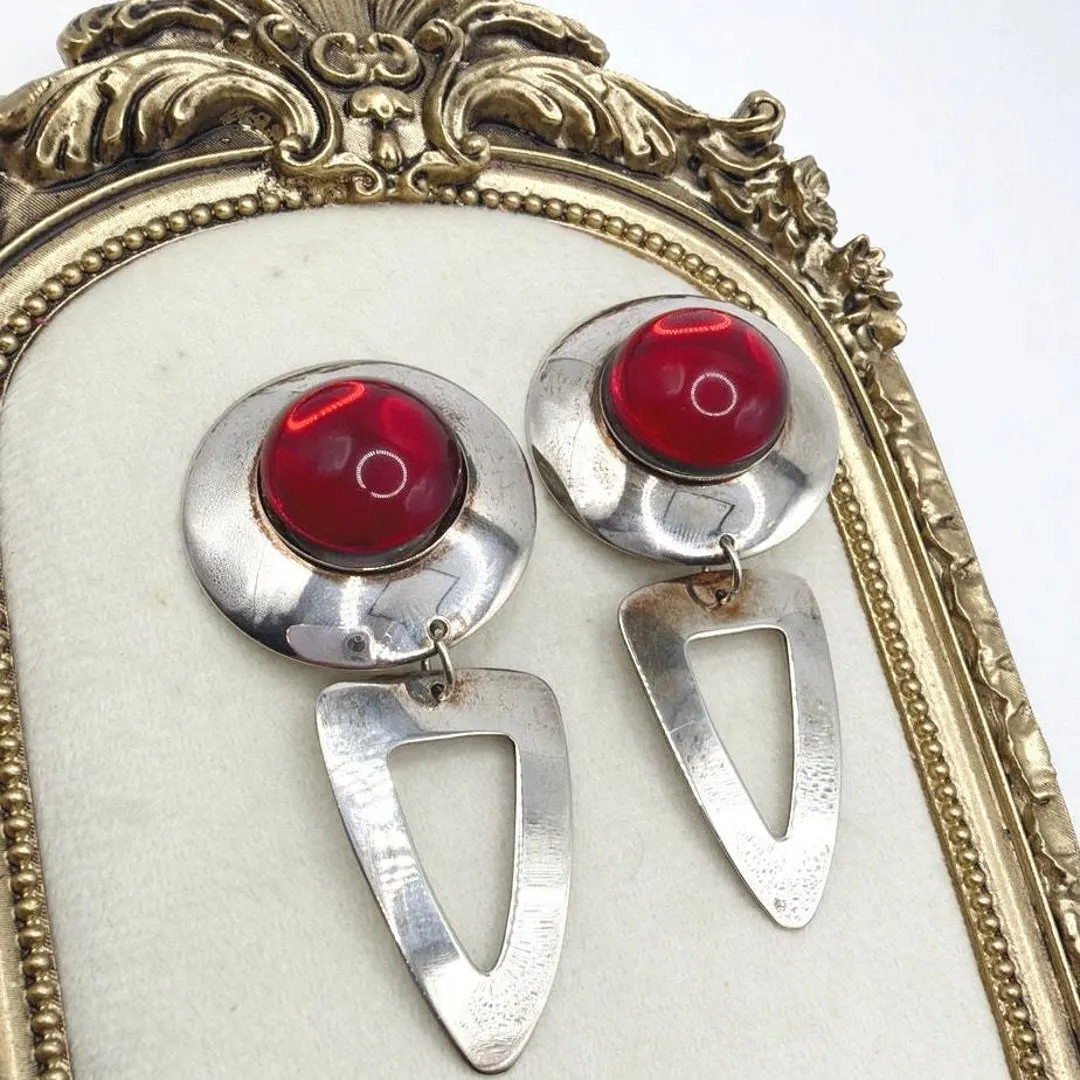 Silver Tone And Red Glass Stone Vintage Statement Clip On Earrings 3” | Etsy (US)