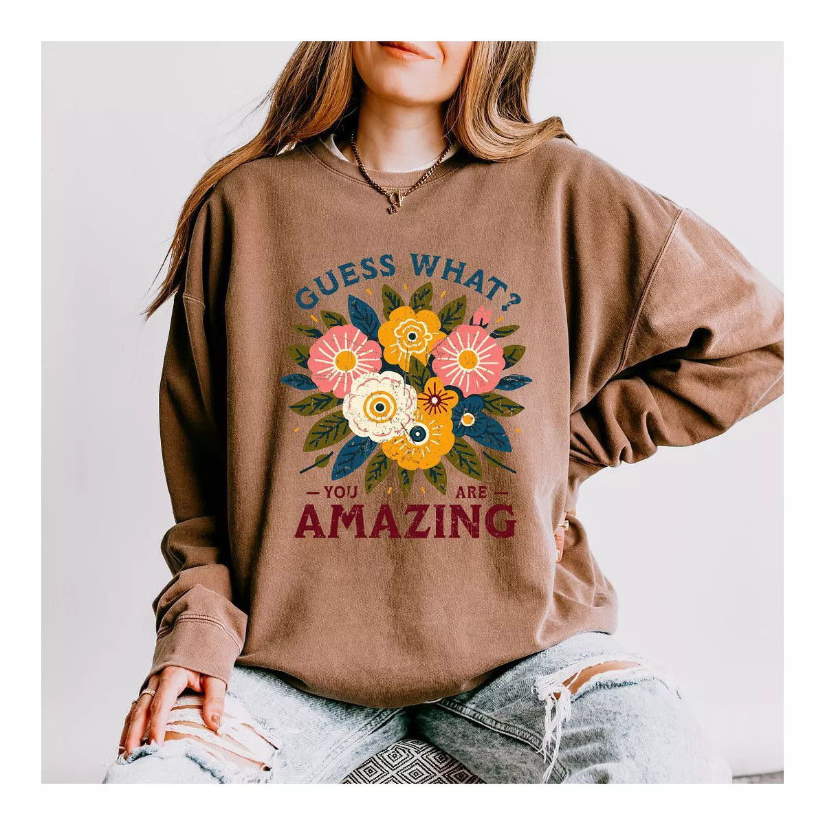 Simply Sage Market Women's Lightweight Garment Dyed Graphic Sweatshirt Guess What Flowers | Target