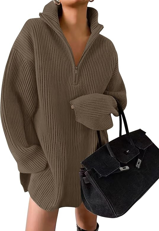 ZESICA Women's Casual V Neck Sweater Dress Oversized Long Sleeve Zip Up Ribbed Knit Loose Pullove... | Amazon (US)