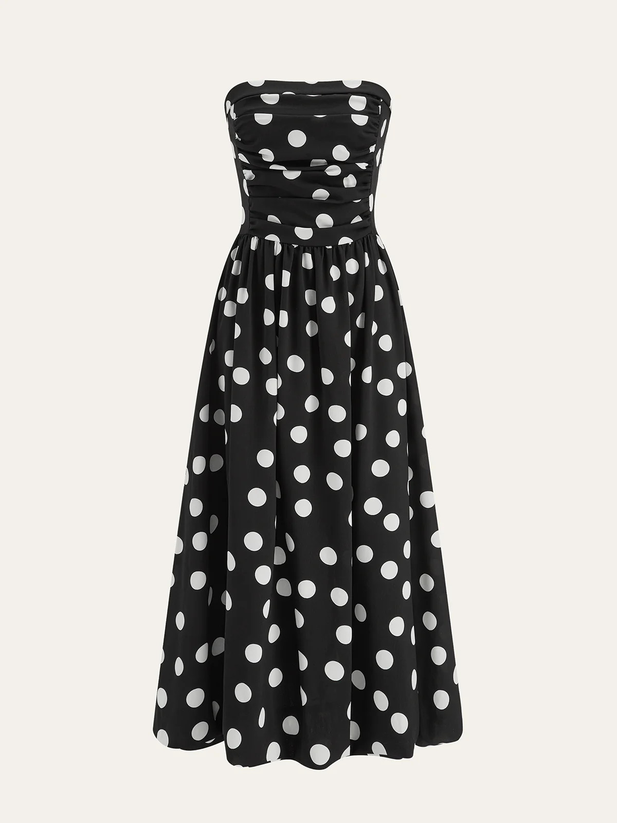 Strapless Polka Dot Ruched Maxi Dress | Commense
