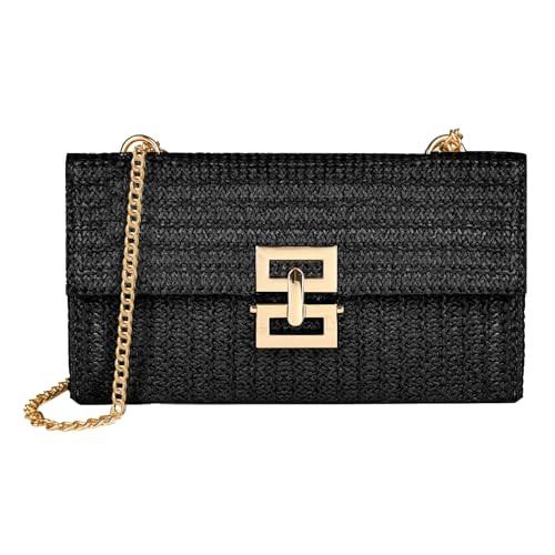 Carfond Straw Chain Clutch Purses for Women Ladies Woven Envelope Handbag Shoulder/Crossbody Beach Bag for Holidays Photos Party Black | Amazon (US)