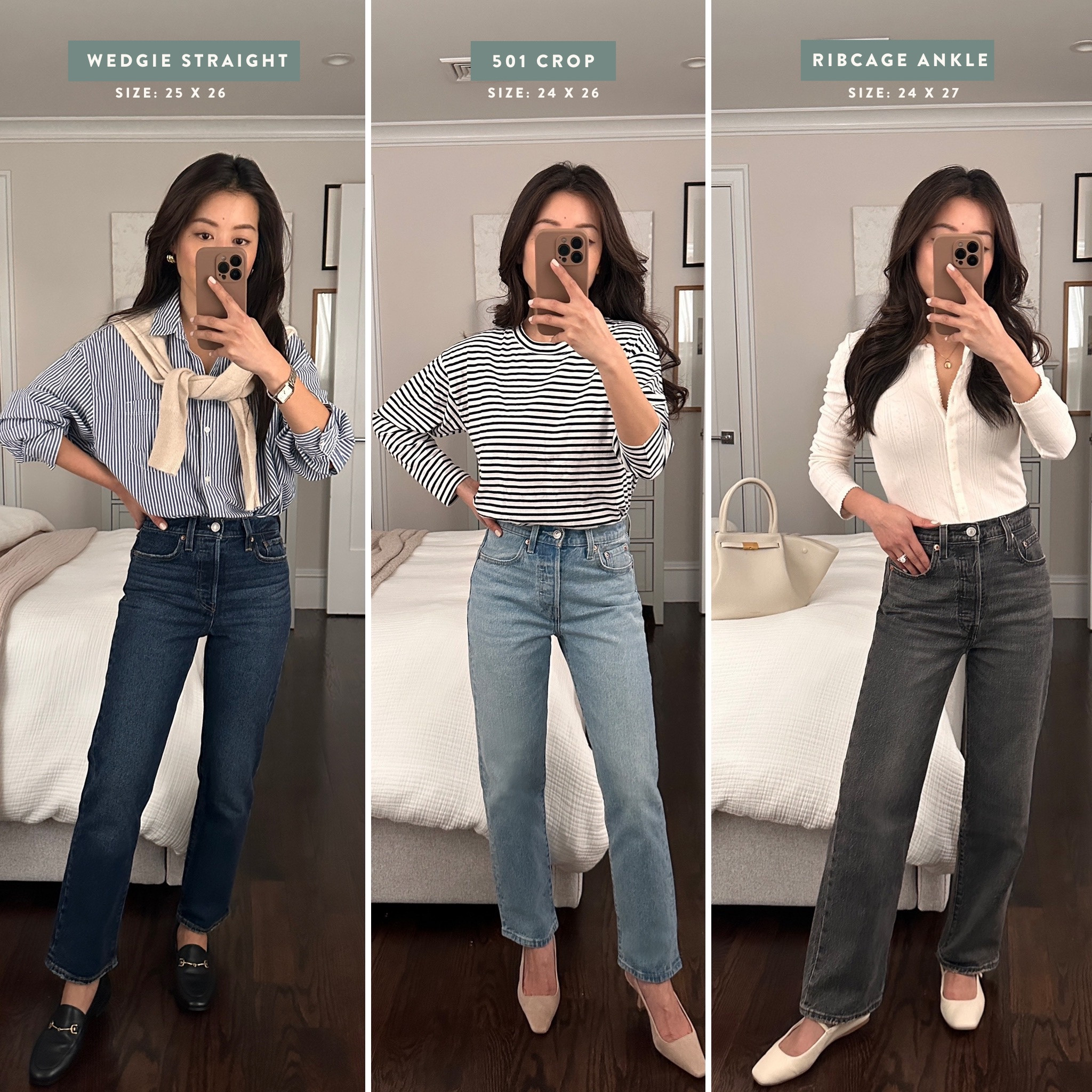 30% off Levi’s so comparing 3 petite-friendly styles! From left to right: 

1: Levi's wedgie straight jeans in "indifferent indigo - dark wash" 25x26 - high rise, ankle length, lifting at the butt. I went up a size at the waist since they’re cut slim 

2: Levi's 501  cropped jeans in "no rush - light wash" 24x26 - 

Their original vintage jeans . A little more roomy than the wedgie straight from the hips through the thighs. 

3: Levi’s ribcage ankle jeans size 24 waist x 27 length. 

Ultra high rise, listed as ankle but on me they are a petite friendly full length. Love these with sneakers since I can wear any socks and they’re fully covered 

See the rest of my outfit details in recent LTKs! These are low stretch ,  vintage cotton style denim 

@levis #LevisLTKPartner #Levis

Casual outfits, spring style, busy mom outfits 

#LTKSpringSale #LTKPetite #LTKFindsUnder100