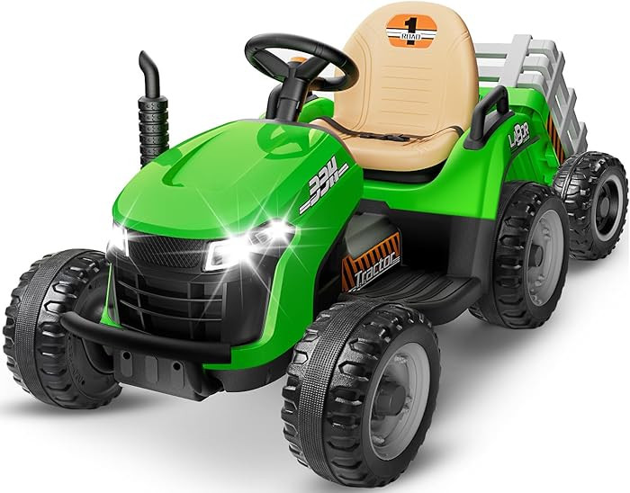 24V Ride On Tractor w/Tiltable & Detachable Trailer, 2x65W Motors, EVA Tires, Remote Control, Blu... | Amazon (US)