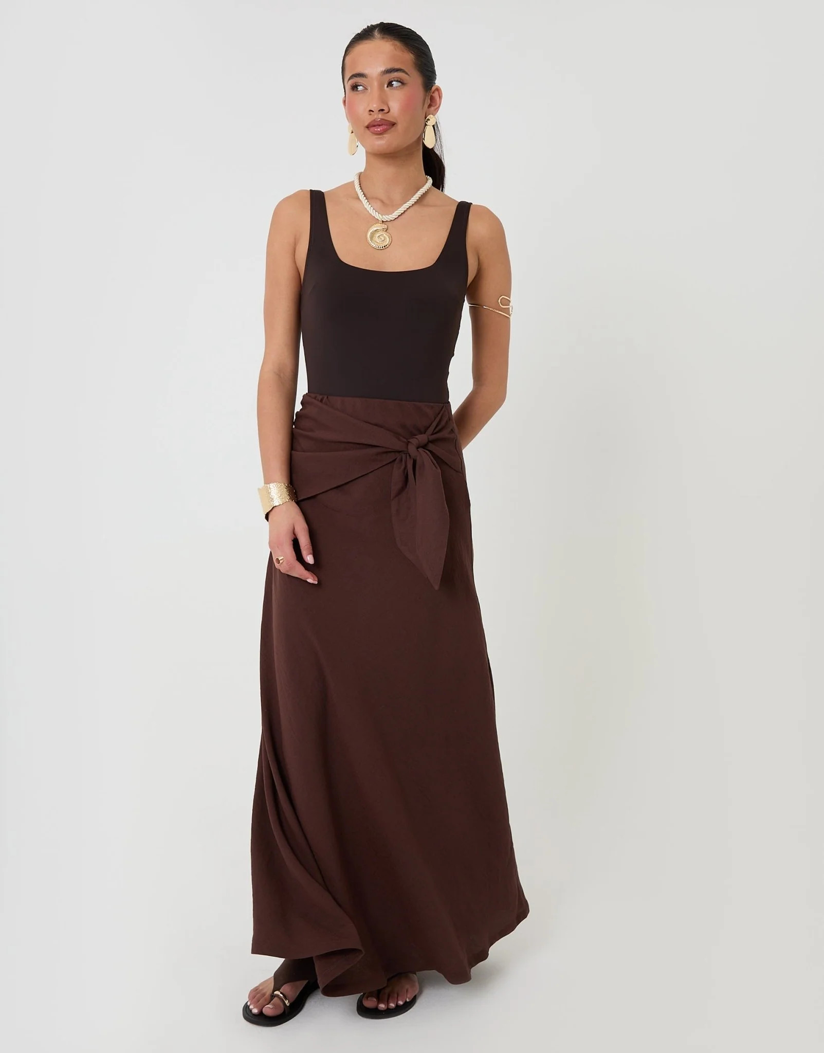 Tie Sash Midi Skirt in Chocolate Brown | Threadbare UK