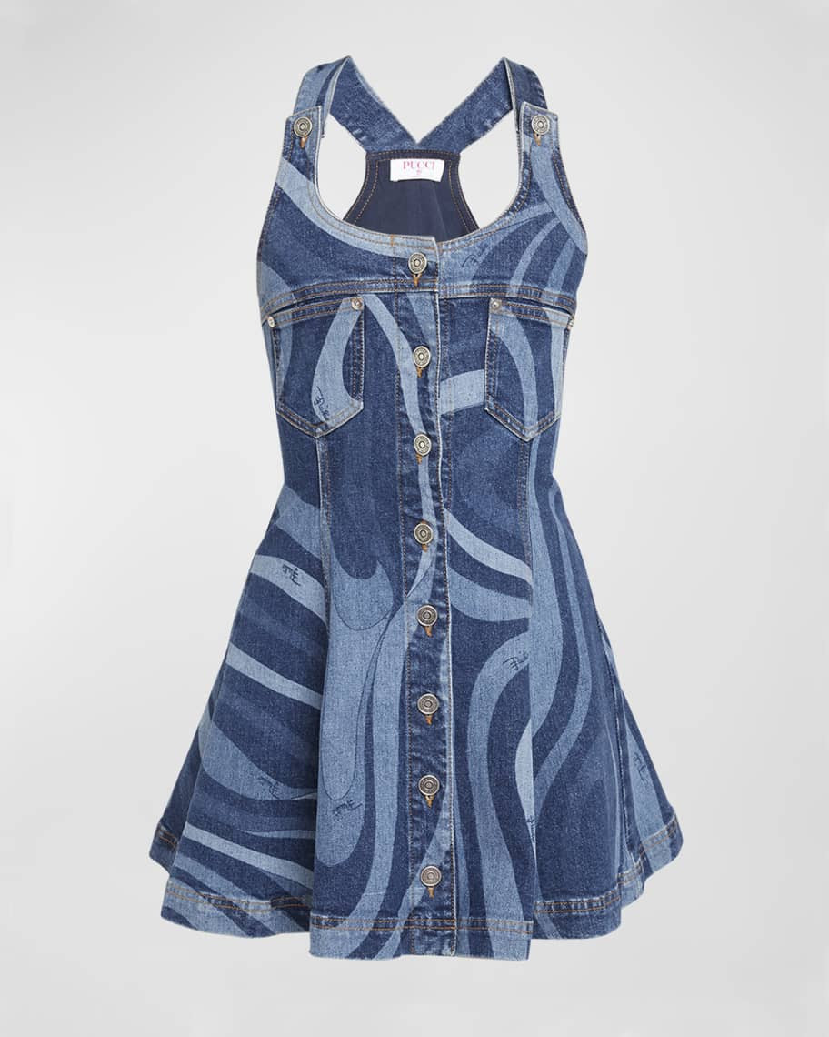 Emilio Pucci Swirl-Print Denim Sleeveless Fit-&-Flare Mini Dress | Neiman Marcus