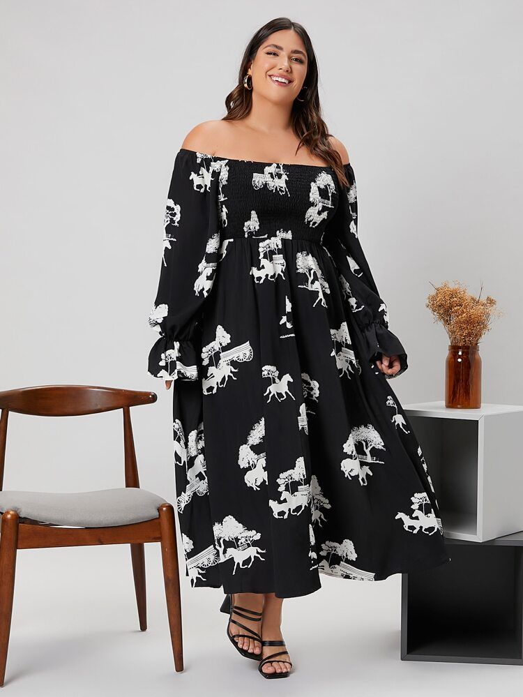 SHEIN Plus Tree And Horse Print Shirred Off Shoulder Flounce Sleeve Dress | SHEIN