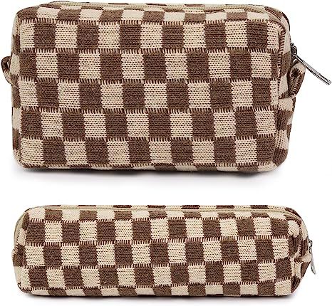Makeup Bag Checkered Cosmetic Bag Brown Makeup Pouch 1Pcs Large Capacity Makeup Bags and 1Pcs Pen... | Amazon (US)