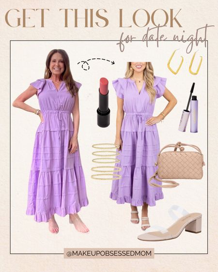 Recreate this look for your next date night! A tiered purple maxi dress paired with some gold accessories, transparent sandals, and a neutral shoulder bag!
#midlifestyle #outfitidea #vacationlook #springfashion 

#LTKSeasonal #LTKShoeCrush #LTKStyleTip