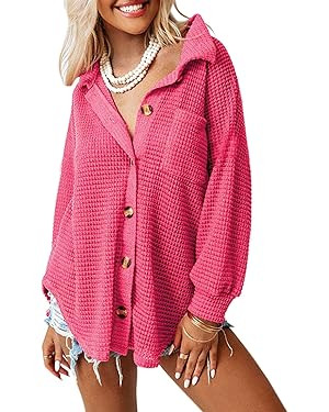 Dokotoo Womens Waffle Knit Shacket Jacket Casual Long Sleeve Button Down Shirts Dressy Blouses To... | Amazon (US)