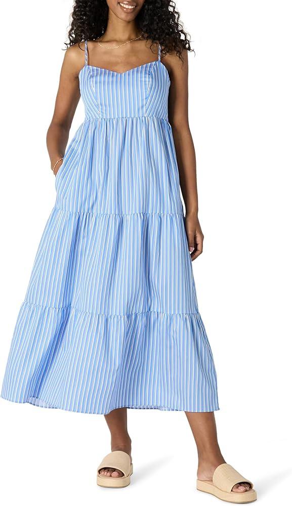 Amazon Essentials Women's Fit and Flare Empire Waisted Cotton Sateen Tiered Maxi Dress | Amazon (US)