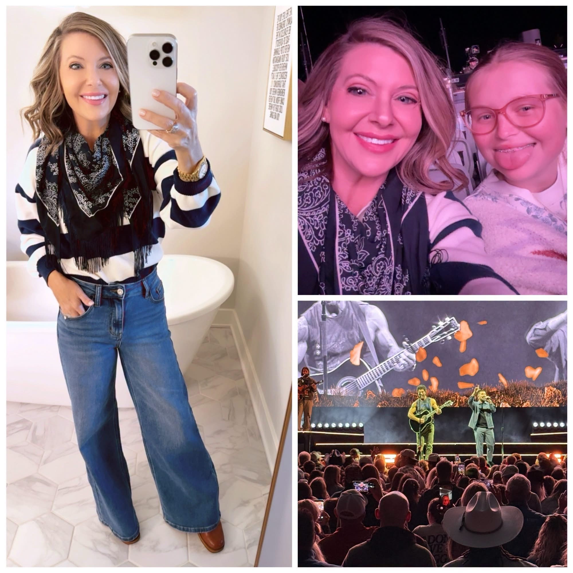 Good Morning! Happy Saturday and happy weekend to you 🙏

￼ Last night Hadley and I went to the Dan+Shay concert in Grand Rapids! The new outdoor amphitheater there is absolutely gorgeous! I saw this group in 2024 and they were so good and last night did not disappoint! Anyone else see them or love them too? 

Dropping  ￼🔗👇 to shop my outfit, had to get creative since it was cold