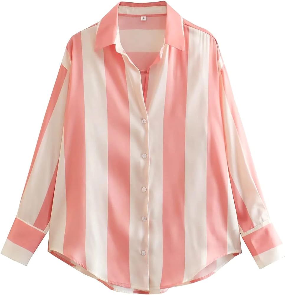 Satin Button Down Shirts for Women Long Sleeve Silky Pinstripe Casual Blouse Summer Top | Amazon (US)