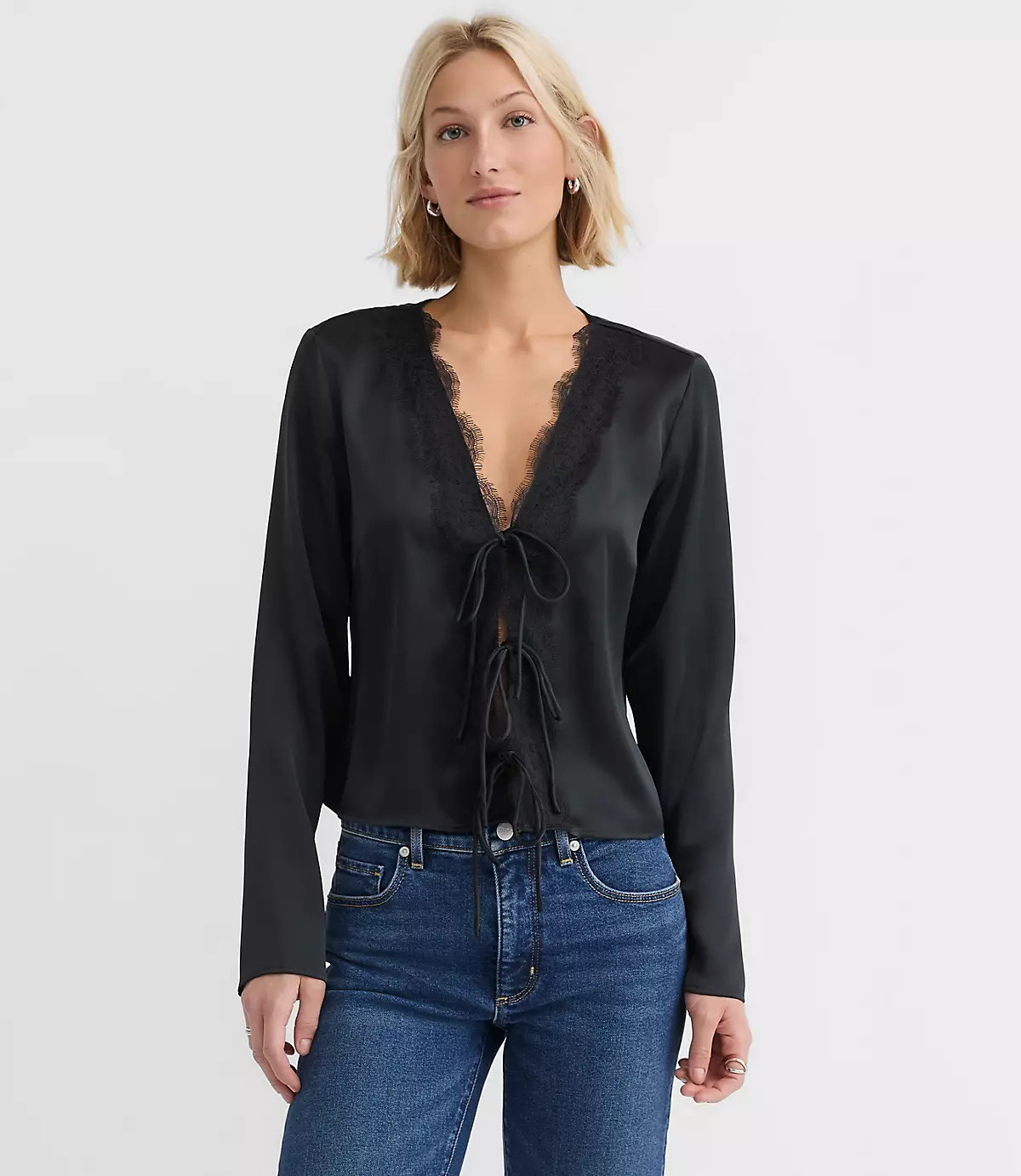Lace Trim Satin Bow Blouse | LOFT