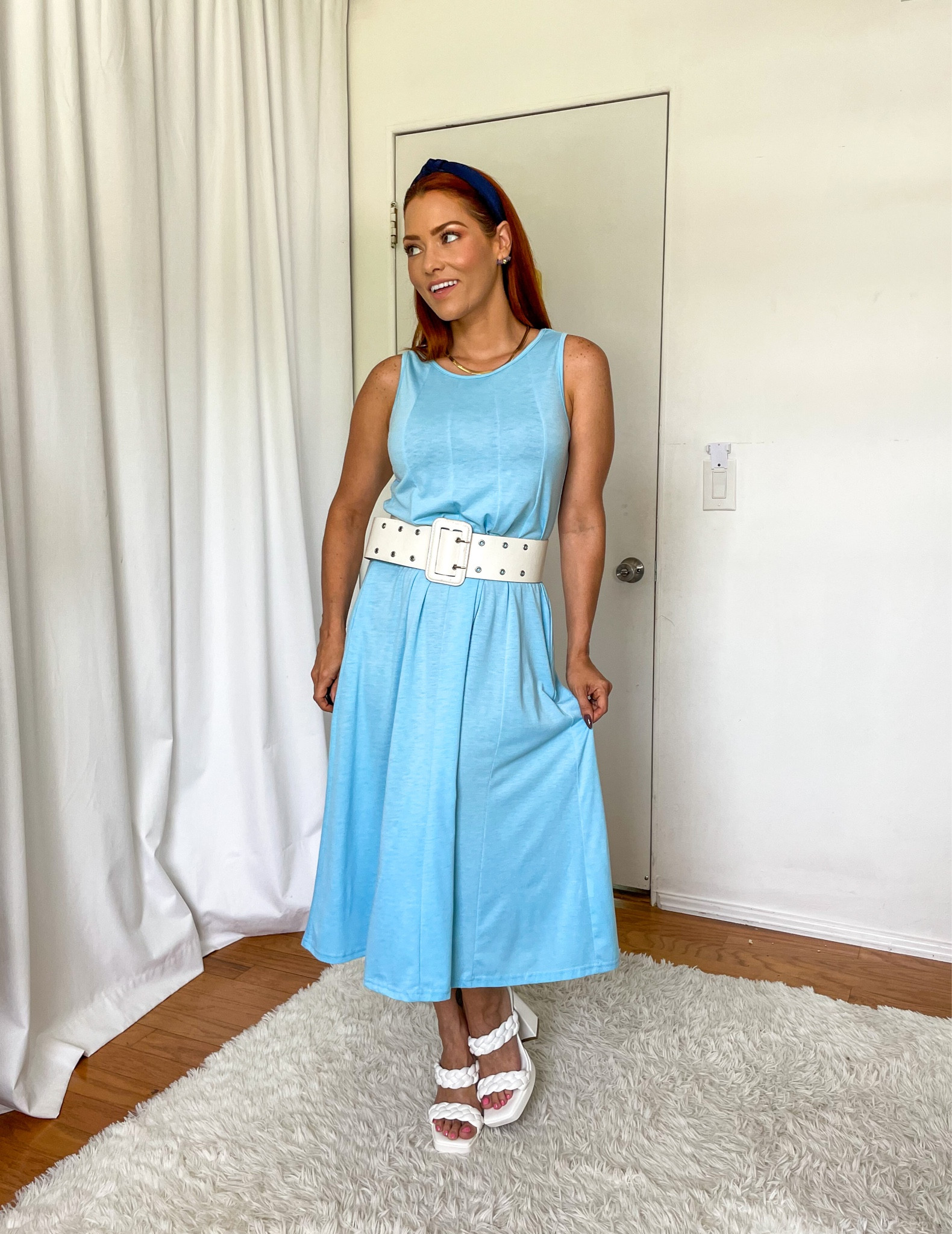 Blue  flowy long sleeveless summer dress outfit with strap chunky heels and a thick belt. Wearing size small, dress is TTS. Summer fits | summer dress | summer outfit | summer dress outfit | summer outfit idea

#LTKStyleTip #LTKFindsUnder50 #LTKFindsUnder100