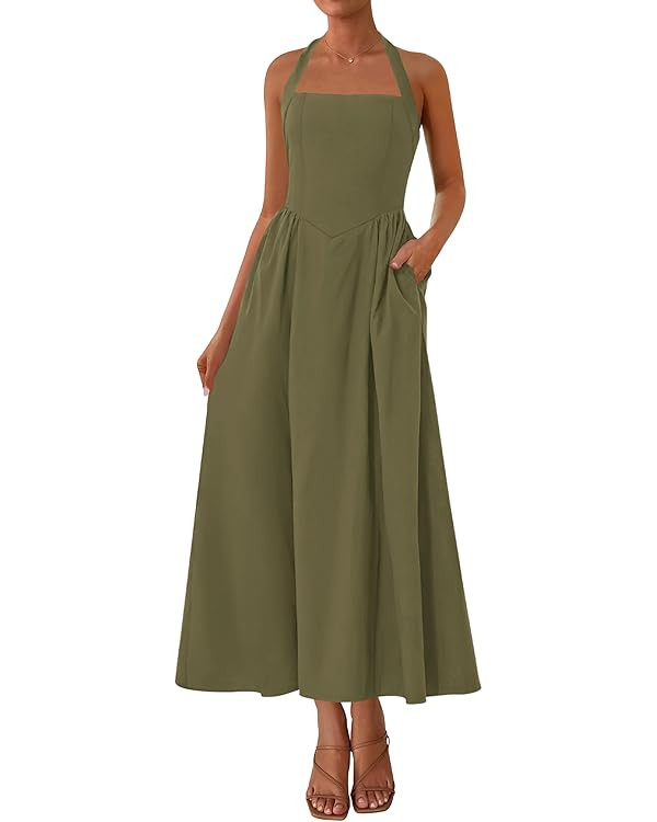 KIRUNDO Summer Dresses for Women 2025 Halter Maxi Wedding Guest Party Cocktail Semi Formal Elegan... | Amazon (US)
