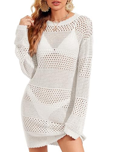 Saodimallsu Womens Crochet Swimsuit Cover Up Summer Bathing Suit Long Sleeve Mesh Knit Pullover Beach Coverups Dress White | Amazon (US)