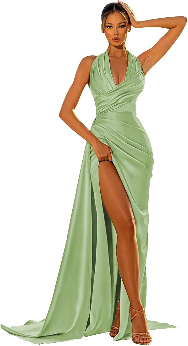 GUKARLEED Women's V Neck Satin Prom Dresses High Slit Ball Gown Long Open Back Formal Gowns Ruche... | Amazon (US)