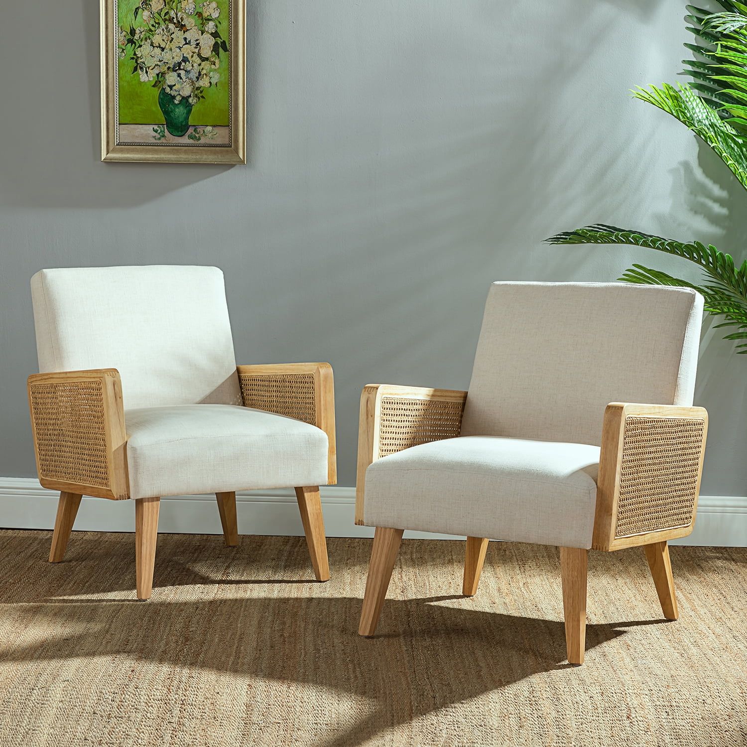 Delphine Upholstered Rattan Cane Accent Chair Set of 2 in Linen | Walmart (US)