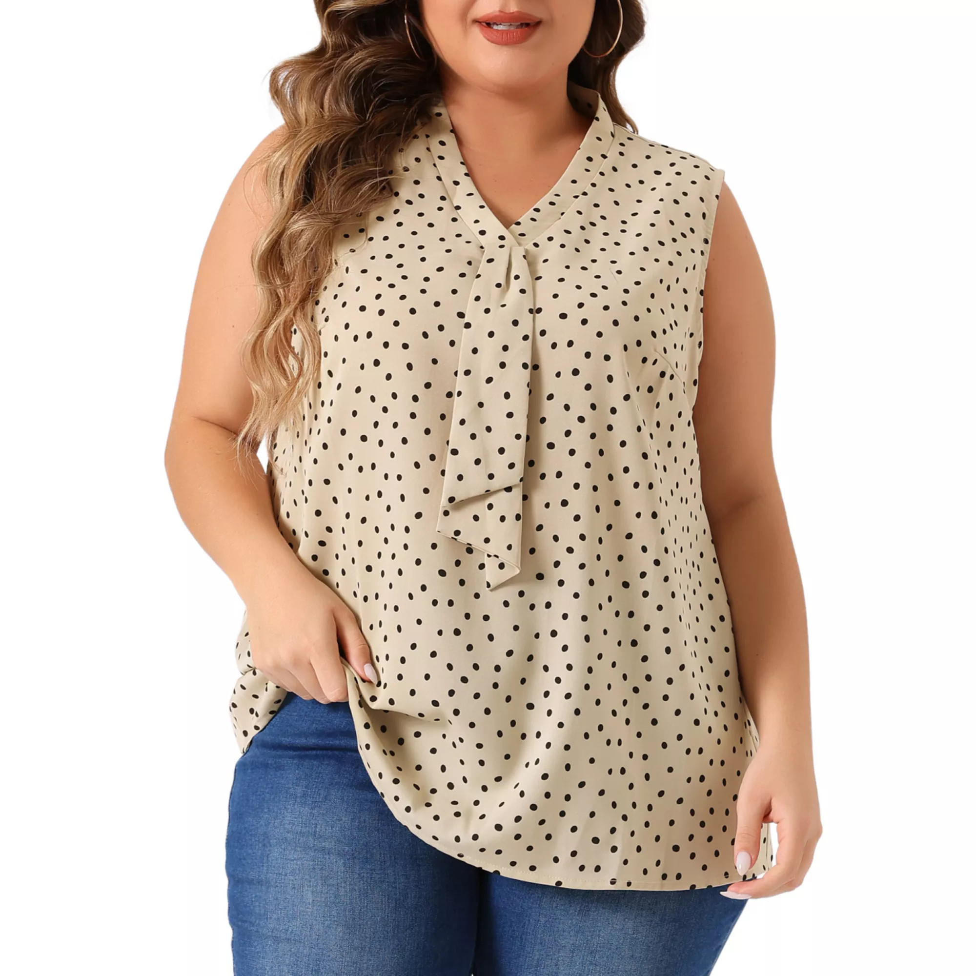Plus Size Women's Polka Dots V Neck Tie Neck Sleeveless Blouses Work Tank Tops Summer | Kohl's