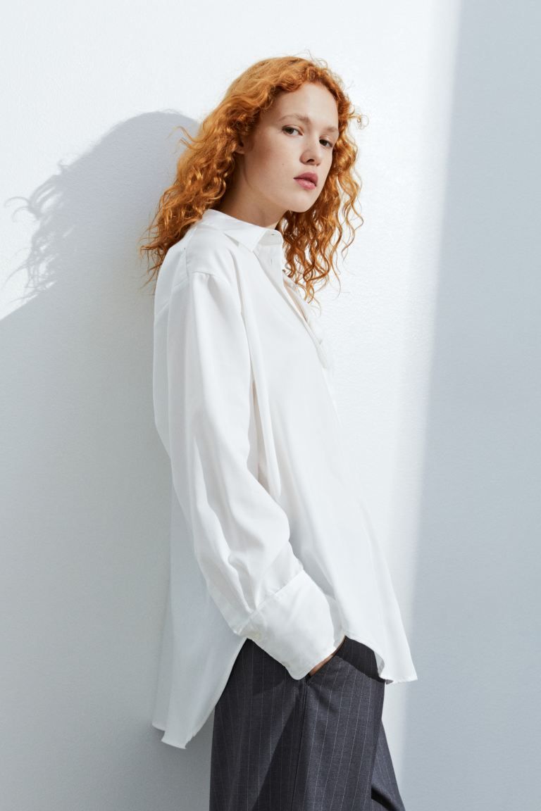 Satin Shirt - Long sleeve - Regular length - White - Ladies | H&M US | H&M (US + CA)