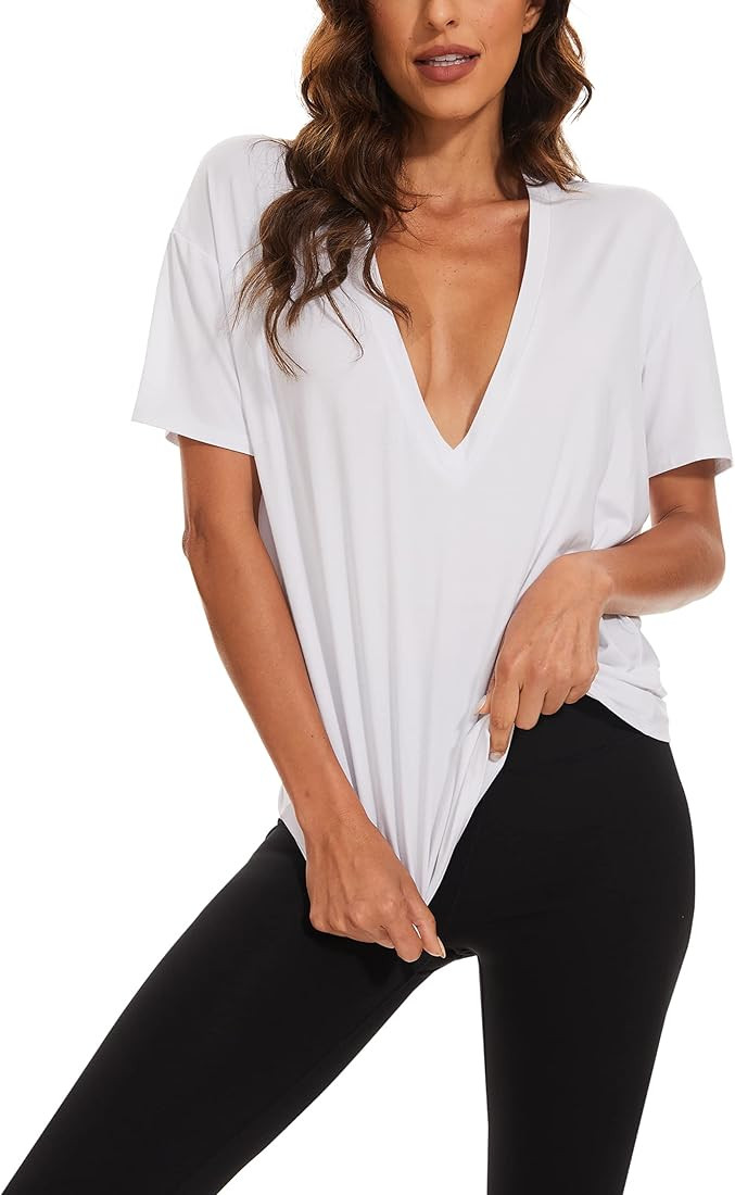 MISSACTIVER Women’s Casual Loose Deep V-Neck Short Sleeve Tee Basic Relaxed Plunge Neck Solid D... | Amazon (US)
