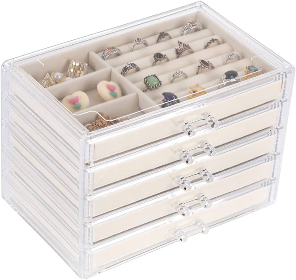 Cq acrylic Jewelry Organizer with 5 Drawers Clear Acrylic Jewelry Box Gift for Women Mens kids an... | Amazon (US)