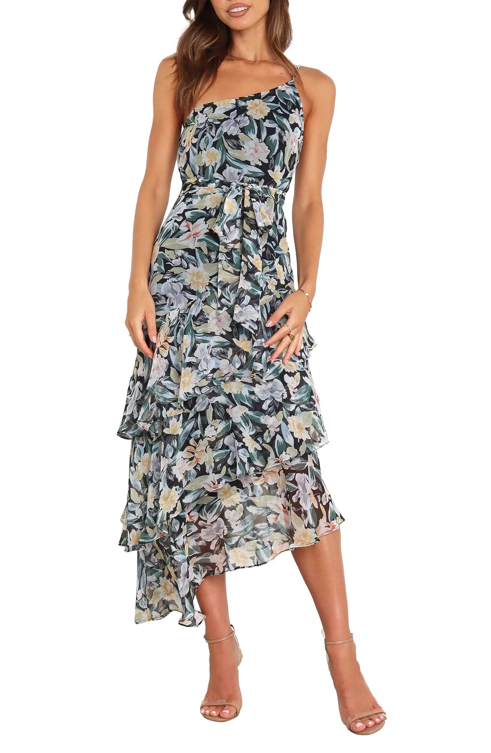 Amren Floral One-Shoulder Tiered Asymmetric Dress | Nordstrom