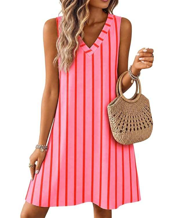 Wenrine Womens Sleeveless Mini Dress Casual V Neck Summer Loose Beach Vacation A Line Tank Dresse... | Amazon (US)