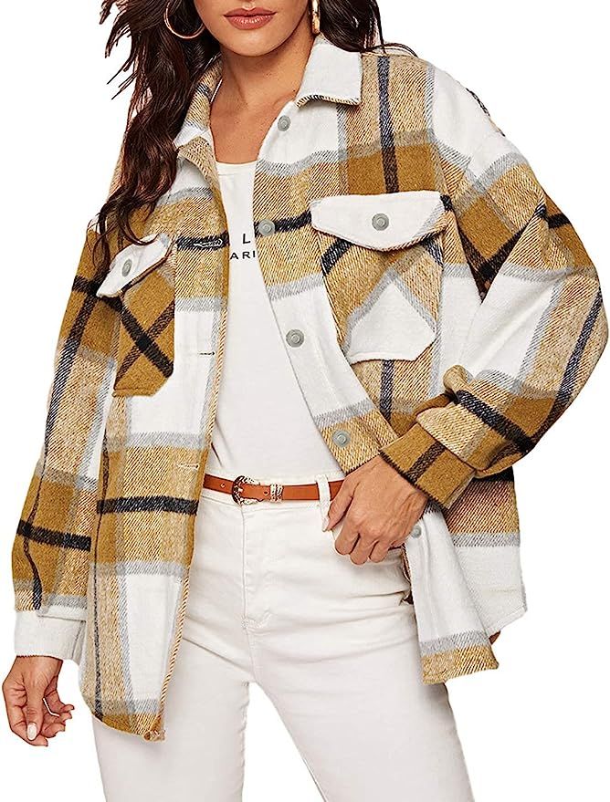 Women's Girl Plaid Button Down Long Sleeve Shacket Jacket Coat Warm Shirt Blouse Casual Outwear w... | Amazon (US)