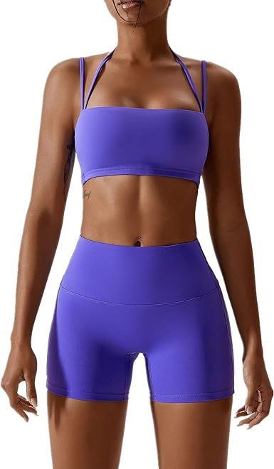 ABOCIW Workout Sets for Women 2 Piece Twist Front Halter Sports Bras High Waist Booty Shorts Exer... | Amazon (US)