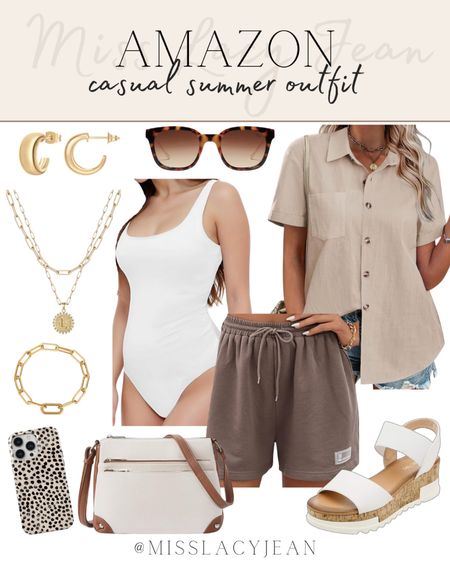 Casual summer outfit includes sweatshirt shorts, bodysuit, button up shirt, sandals, handbag, cell phone case, gold jewelry, and sunglasses.

Casual outfit, summer outfit, looks for less, Amazon finds

#LTKShoeCrush #LTKStyleTip #LTKFindsUnder50