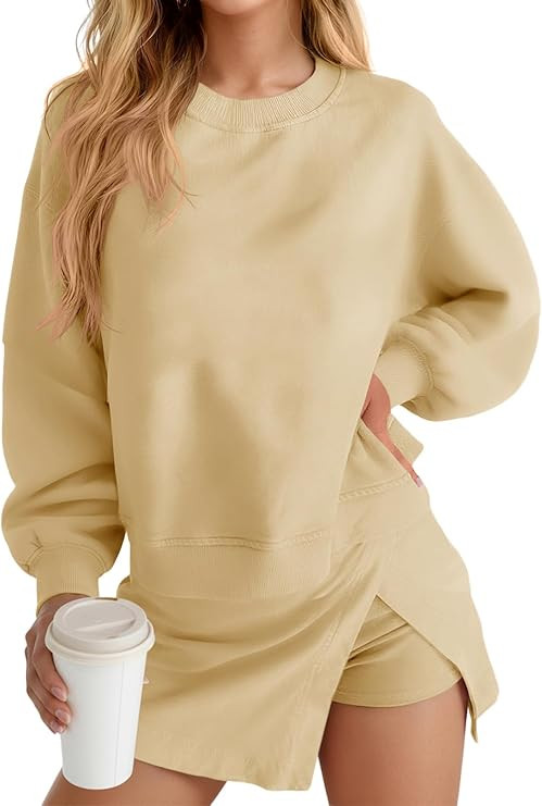 Fisoew 2 Piece Sets for Women Cotton Workout Sets Sweatshirt Top High Waisted Lined Split Athleti... | Amazon (US)