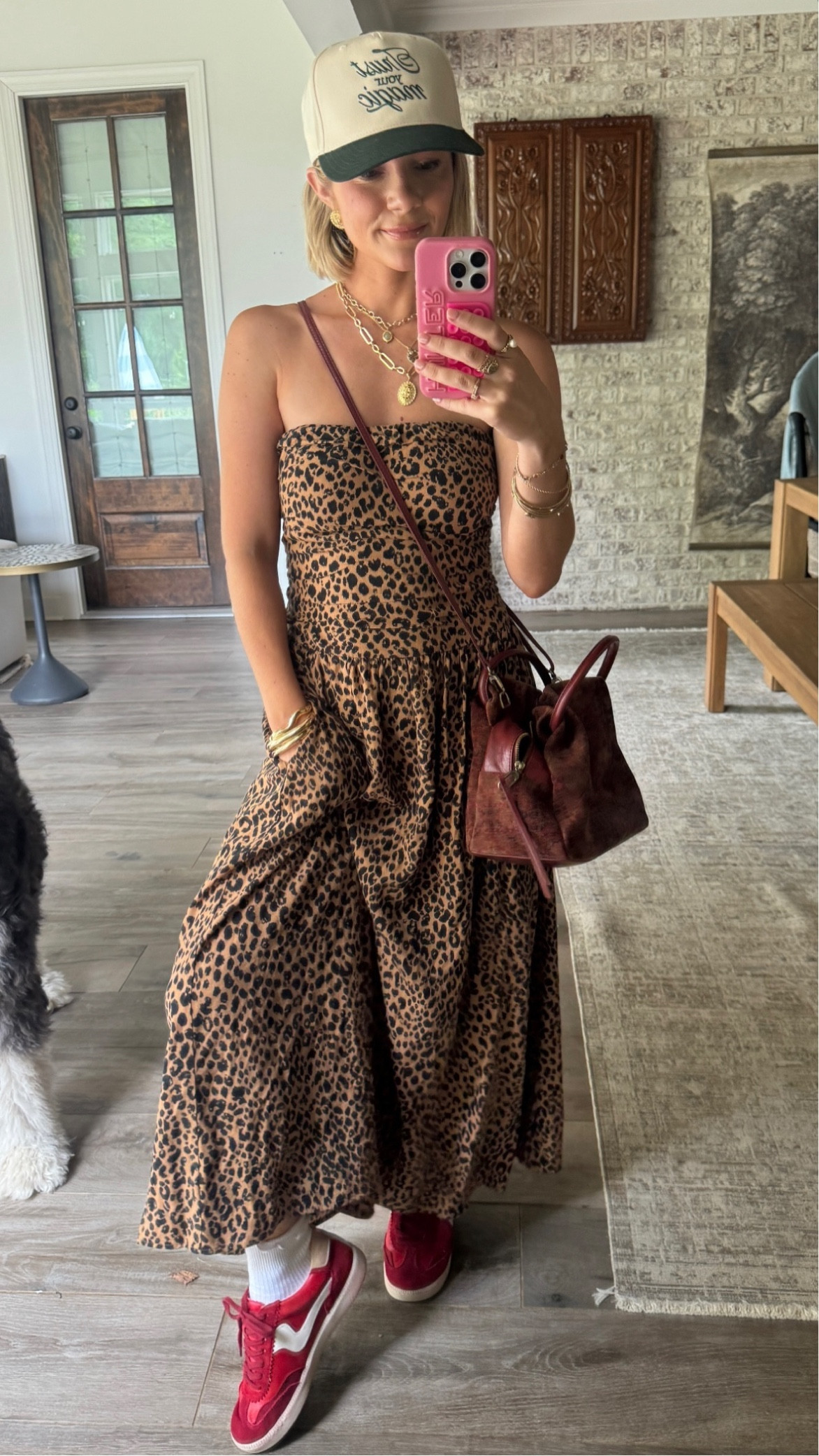 Summer dress under $40, leopard dress, trucker hat, red sneakers 

#LTKFindsUnder100 #LTKShoeCrush #LTKStyleTip