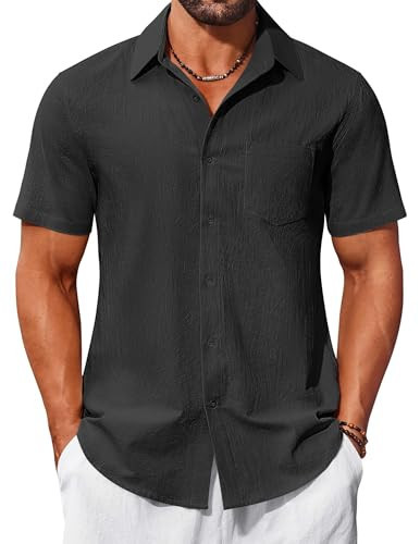 COOFANDY Mens Short Sleeve Button Up Shirts Casual Summer Beach Wedding Shirts Cotton Linen Shirts for Men Black | Amazon (US)