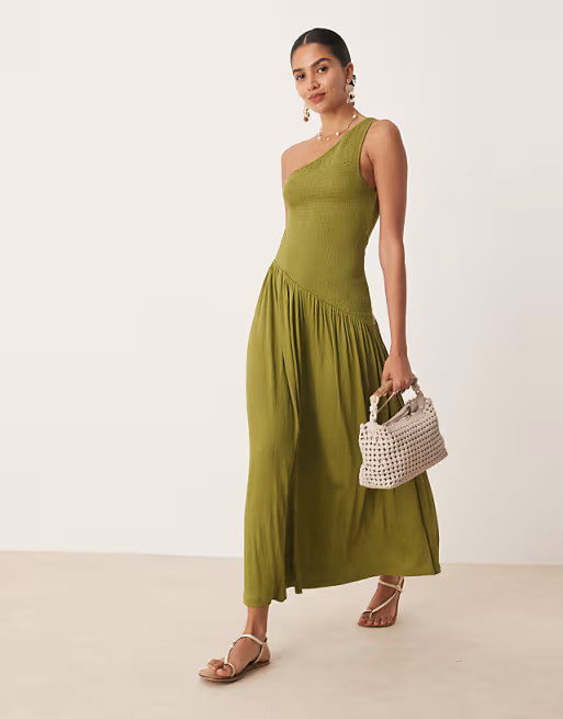 ASOS DESIGN crinkle shirred bodice one shoulder asymmetric dropped waist midi dress in olive gree... | ASOS (Global)
