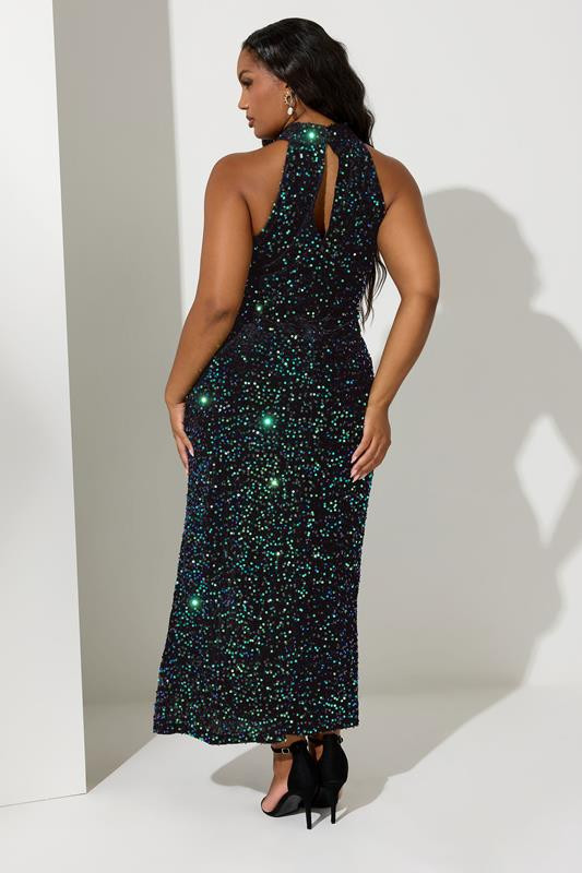 YOURS LONDON Plus Size Black & Green Velvet Sequin Maxi Dress | Yours Clothing UK