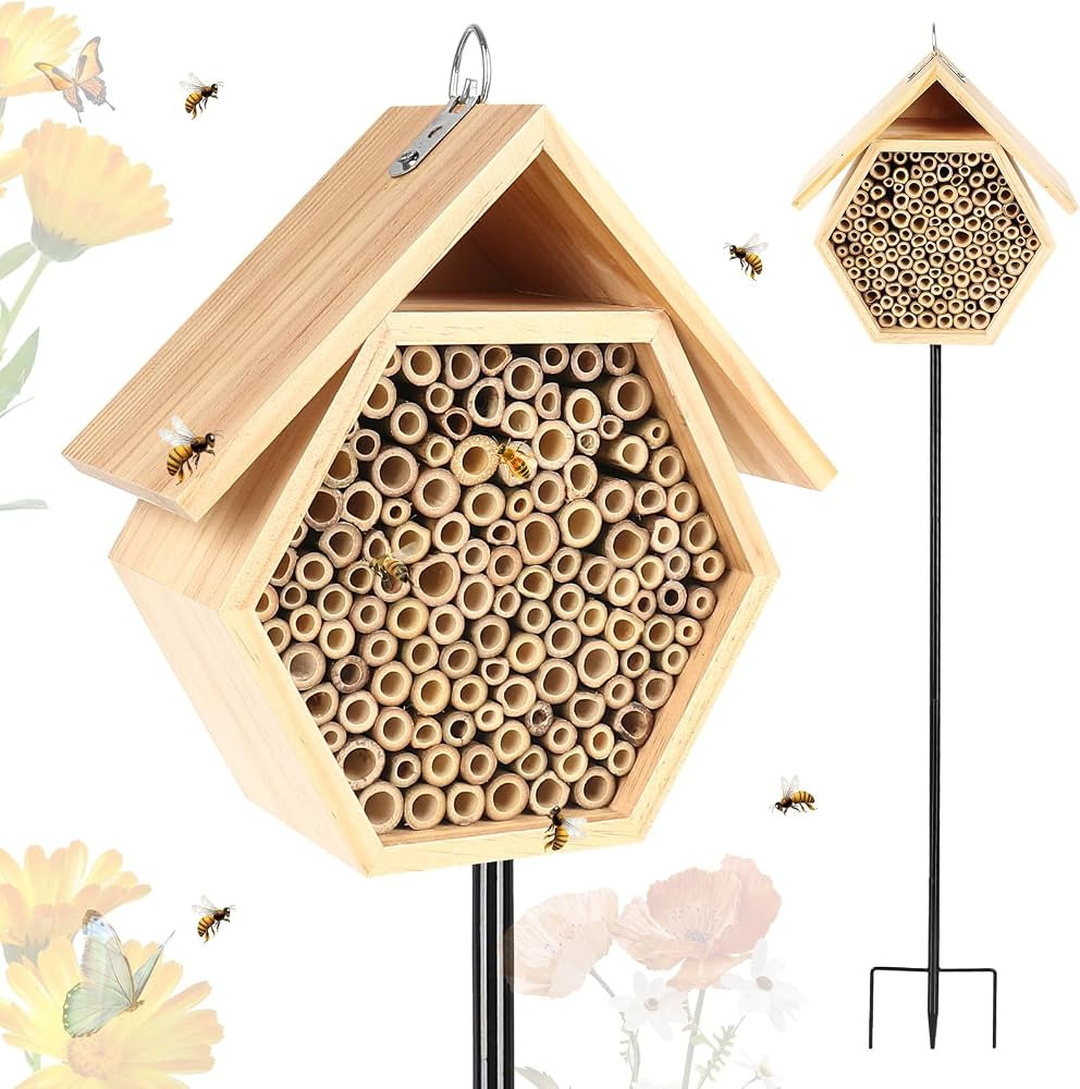Mason Bee House for Garden, Natural Wooden Bee Habitat with Metal Ground Stake, Attracts Pollinat... | Amazon (US)
