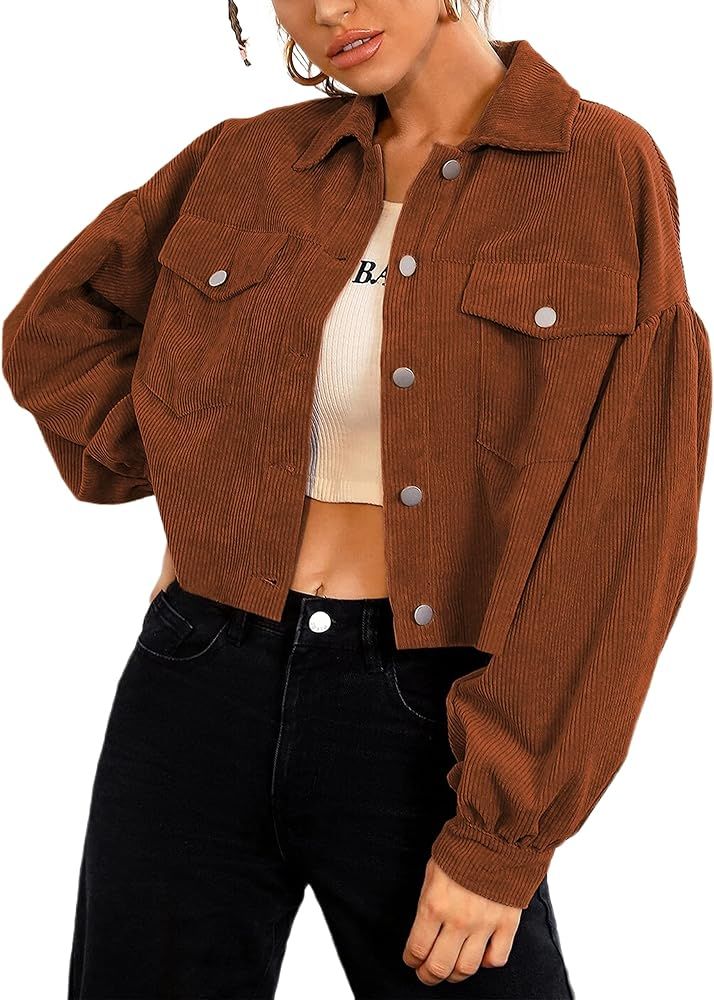 Uaneo Womens Cropped Corduroy Jacket Button Down Long Puff Sleeve Cord Jacket | Amazon (US)