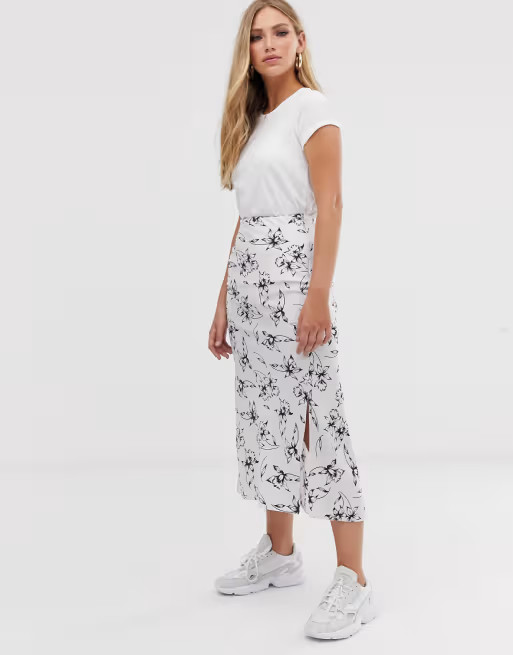 ASOS DESIGN bias cut satin midi skirt with splits in silver floral print | ASOS US