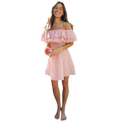 Women's Gingham Off Shoulder Dress, Layered Trim Fitted Waist Mini Dress Pink L | Target
