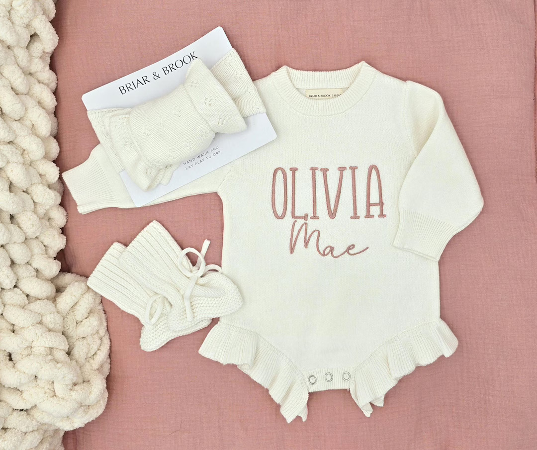 Ruffle White Knit Personalize Embroider Romper Frill Sleeve Bodysuit Newborn Going Home First Out... | Etsy (US)