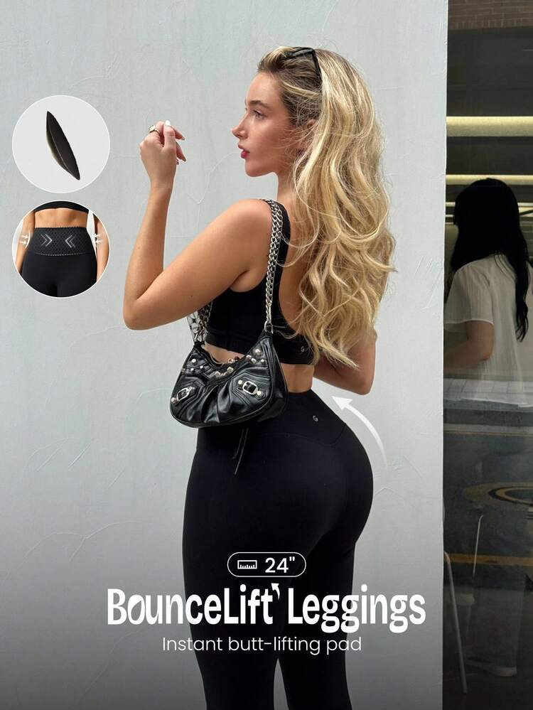 GLOWMODE 24" FeatherFit™ BounceLift Shape It Up Booty Boosting Shaping Removable Butt Pads No Front Seam Insta Cinch Tummy Control Leggings Low-Impact Yoga Pilates Barre Studio Daily Casual Wear | SHEIN