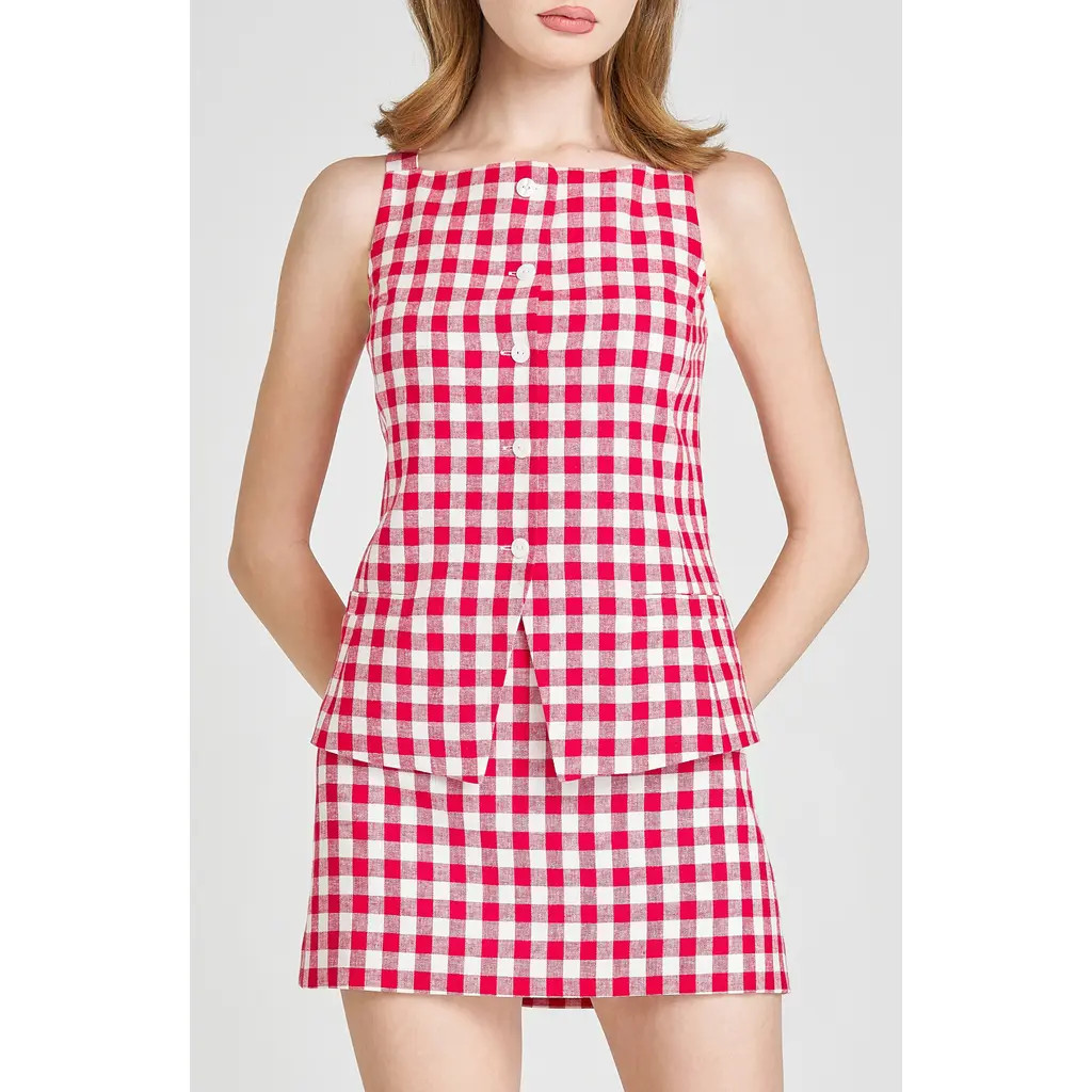 WAYF x Styled by COCO! Gracie Gingham Linen Blend Button-Up Vest in Red Gingham at Nordstrom, Size X-Small | Nordstrom