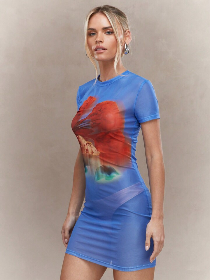 MISSGUIDED Sheer Printed Bodycon Mini T Shirt Dress | SHEIN
