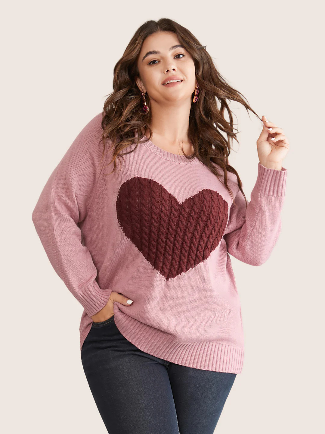 Heart Cable Knit Two Tone Raglan Sleeve Pullover | Bloomchic