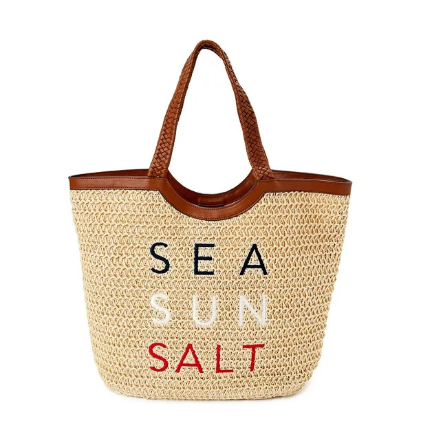 Time and Tru Extra Large Woven Straw Beach Travel Tote Bag | Walmart (US)