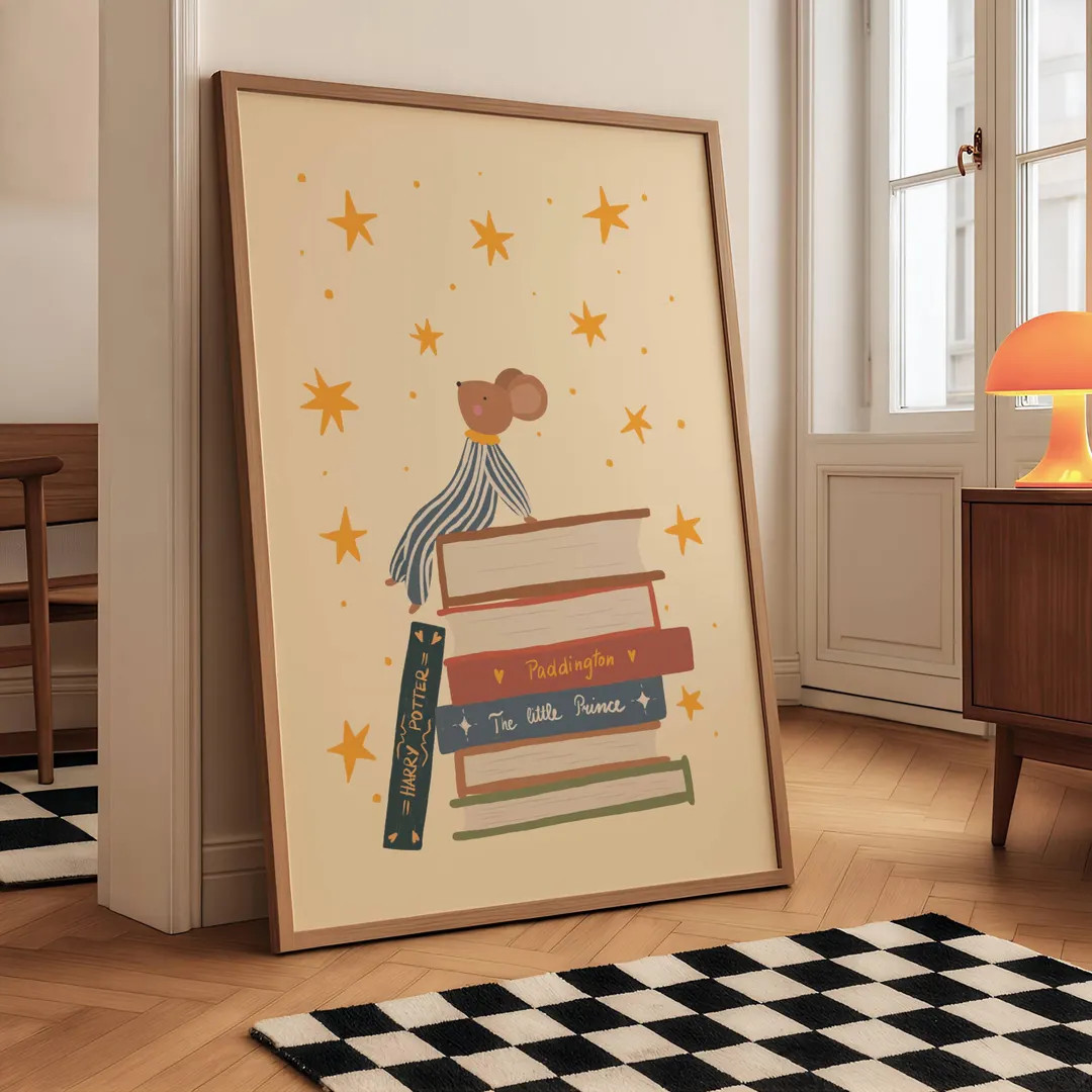 Bookish Mouse Poster Sitting on Books Printable Wall Art, Star Gazing Animal Illustration, Book N... | Etsy (US)