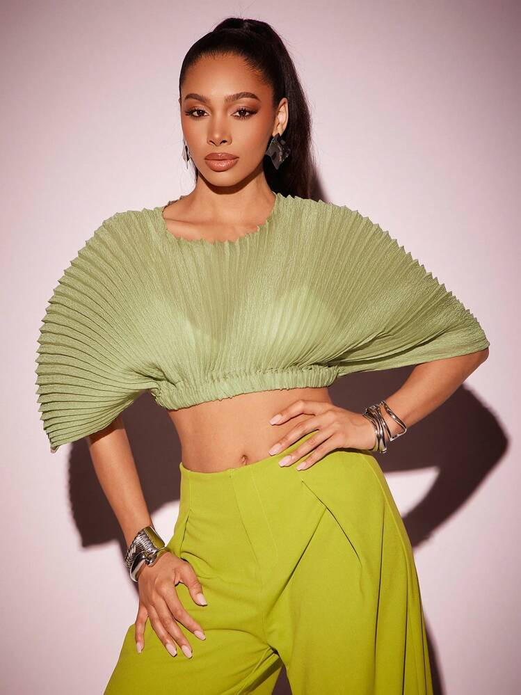 Vixey Sheer Pleated Chiffon Cropped Top, Summer Outfits For Women, Brunch Outfits For Women, Cute... | SHEIN